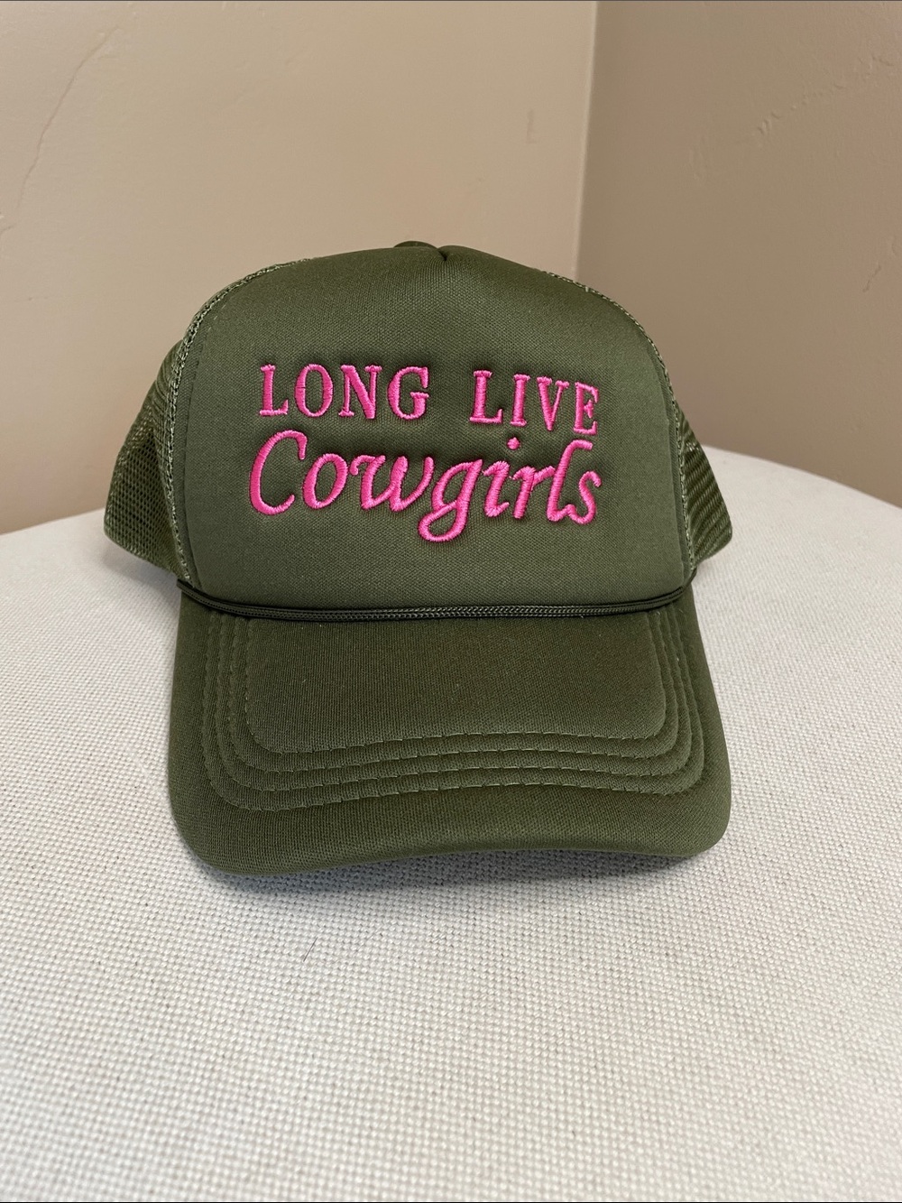 NWOT “Long Live Cowgirls” Trucker Hat Army Green with Hot Pink